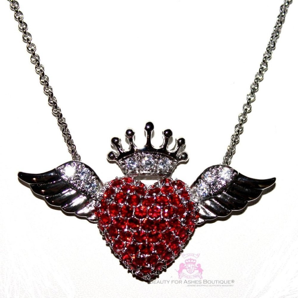 Ruby Red Cz Cubic Zirconia Love Heart Glam Angel Wing Angelic Crown Cz Necklace